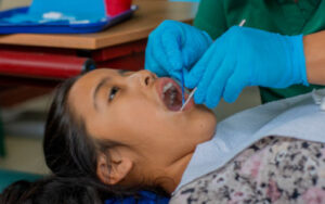 Two hands holding dental instruments working in mouth of Vida student